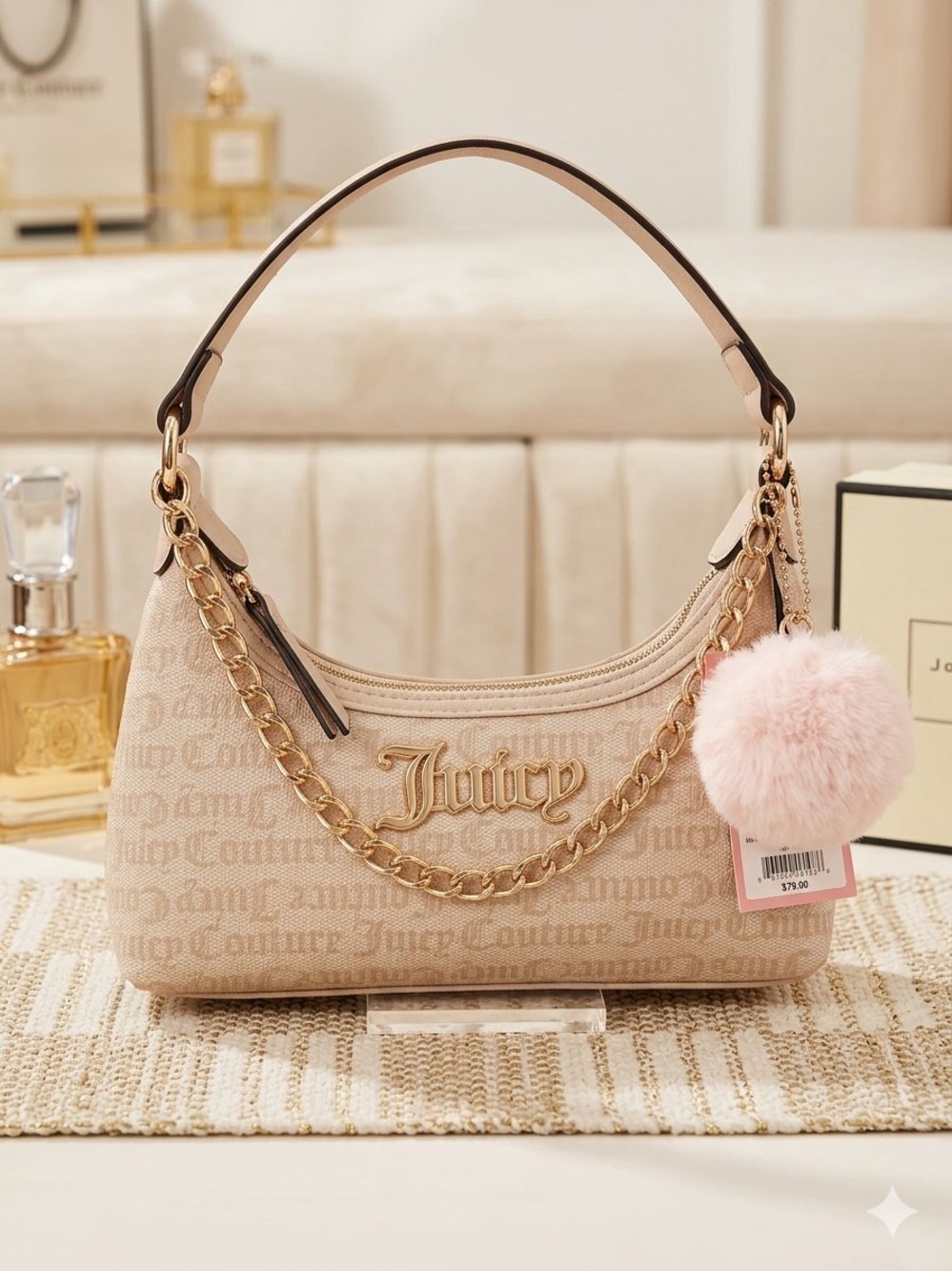 Juicy Couture Blush Shoulder Bag with Gold Chain and Pom